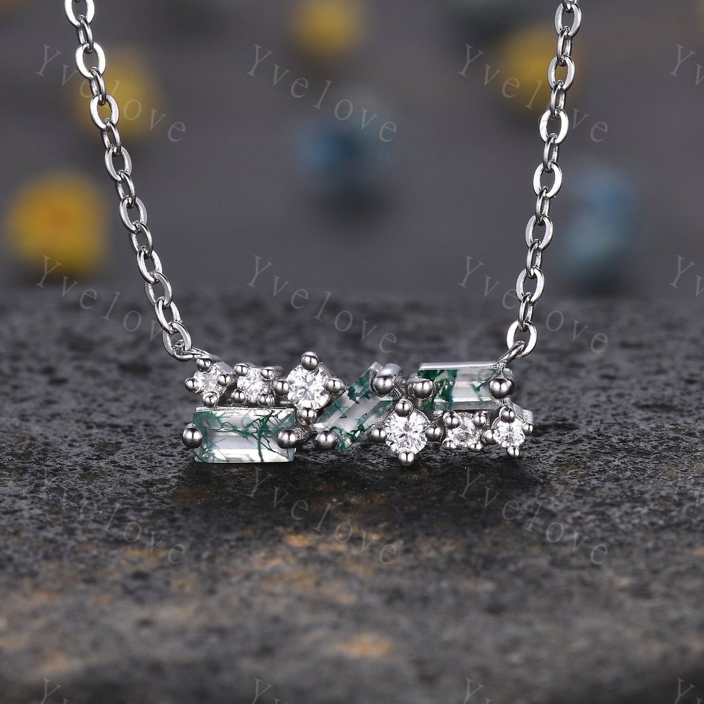 Vintage Baguette Moss Agate Necklace,Nature Gem Art Deco Moissanite Diamond Pendant Dainty Necklace,Silver Necklace,Best friend Gift For Her