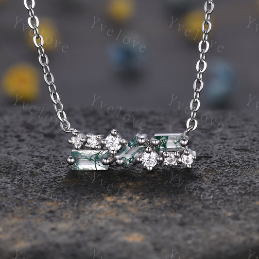 Vintage Baguette Moss Agate Necklace,Nature Gem Art Deco Moissanite Diamond Pendant Dainty Necklace,Silver Necklace,Best friend Gift For Her
