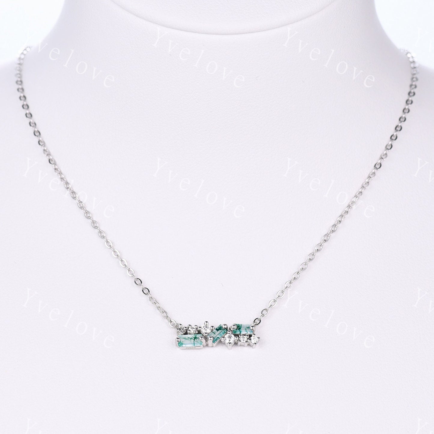 Vintage Baguette Moss Agate Necklace,Nature Gem Art Deco Moissanite Diamond Pendant Dainty Necklace,Silver Necklace,Best friend Gift For Her