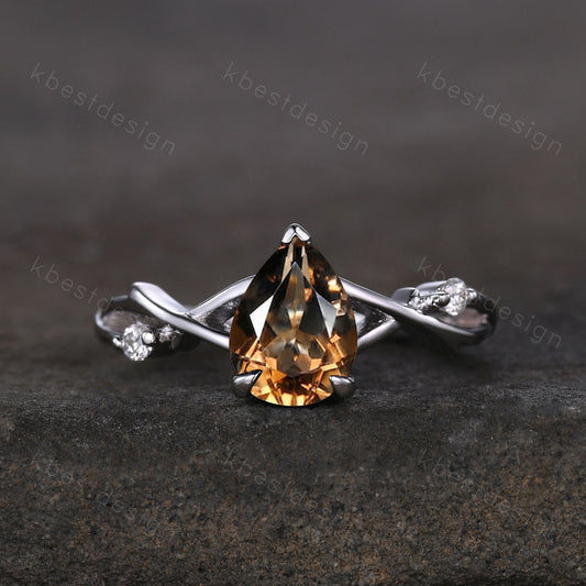 Pear cut Brown Quartz Ring Sterling Silver Smoky Quartz Engagement Ring Unique Twig Moissanite Ring Nature Inspired Ring Promise Ring