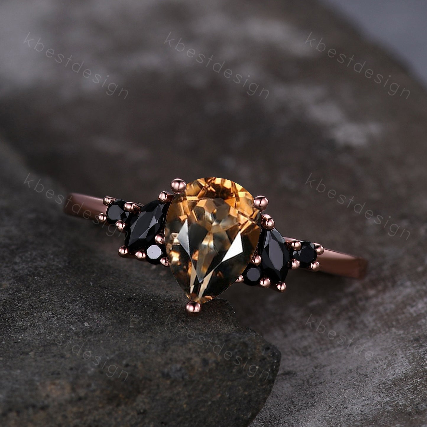 Vintage Pear Smoky Quartz engagement ring black spinel cluster Rose gold ring art deco brown quartz ring unique anniversary promise ring