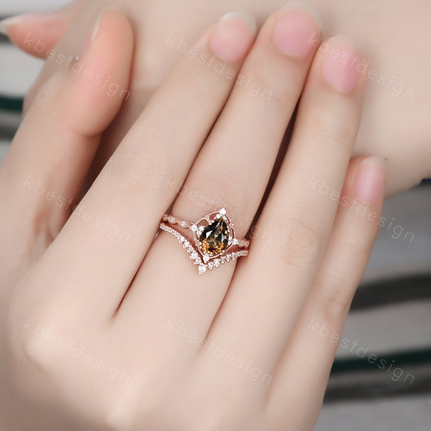 Vintage smoky quartz engagement ring rose gold ring art deco curved stacking band pear cut bridal set unique moissanite wedding set