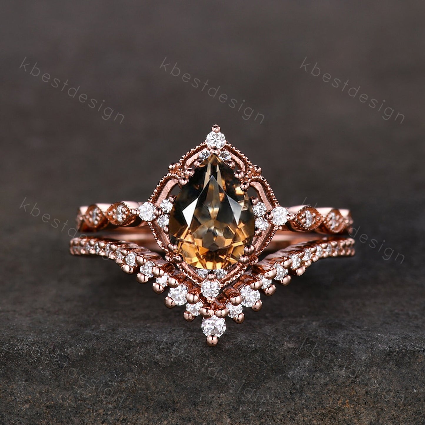 Vintage smoky quartz engagement ring rose gold ring art deco curved stacking band pear cut bridal set unique moissanite wedding set