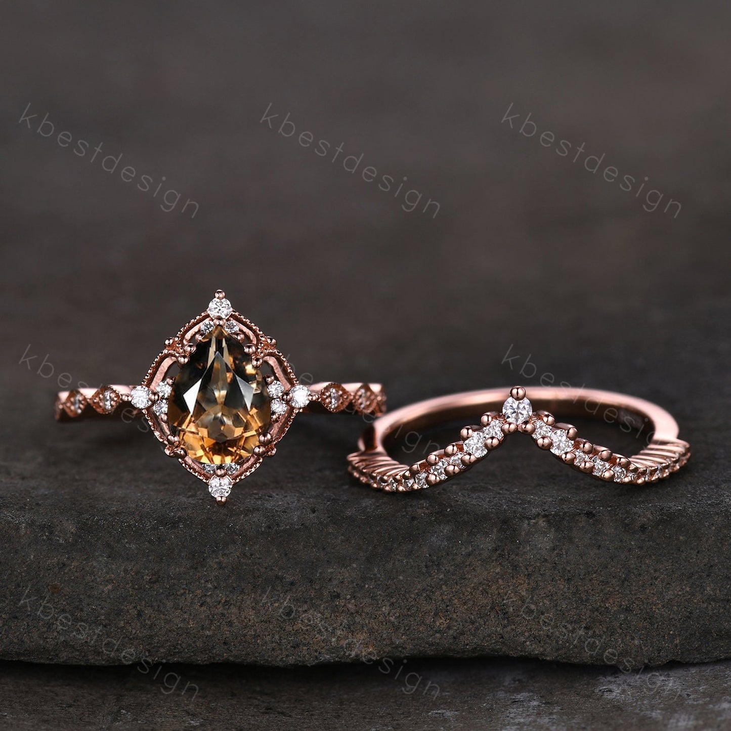 Vintage smoky quartz engagement ring rose gold ring art deco curved stacking band pear cut bridal set unique moissanite wedding set