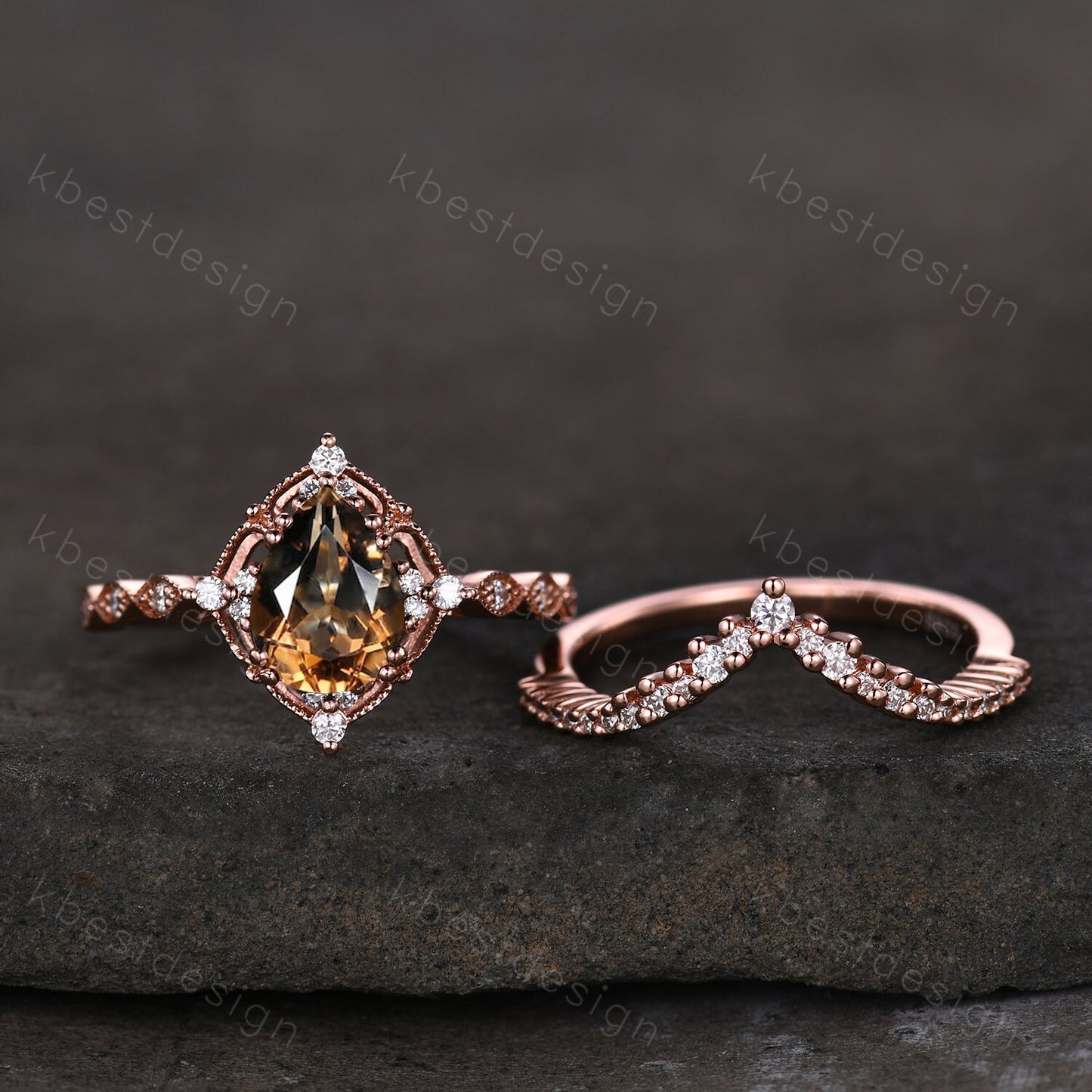 Vintage smoky quartz engagement ring rose gold ring art deco curved stacking band pear cut bridal set unique moissanite wedding set