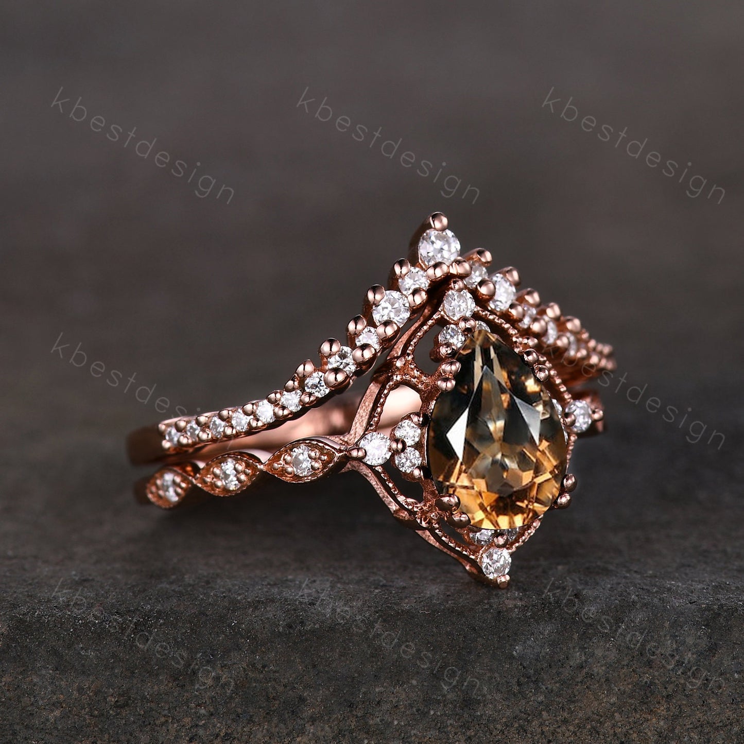 Vintage smoky quartz engagement ring rose gold ring art deco curved stacking band pear cut bridal set unique moissanite wedding set