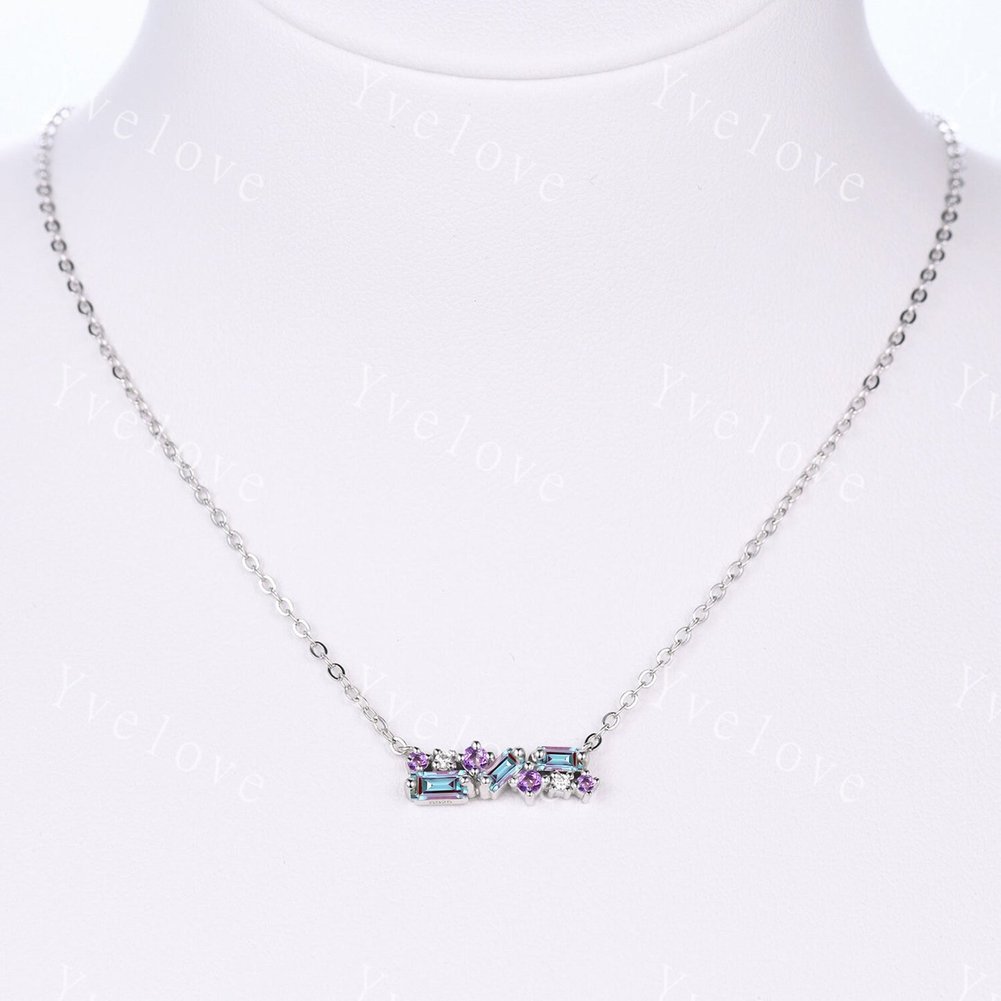 Vintage Baguette Alexandrite Necklace,Art Deco Amethyst Moissanite Pendant Dainty Diamond Necklace,Silver Necklace,Best friend Gift For Her