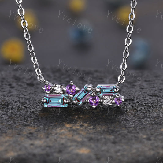 Vintage Baguette Alexandrite Necklace,Art Deco Amethyst Moissanite Pendant Dainty Diamond Necklace,Silver Necklace,Best friend Gift For Her