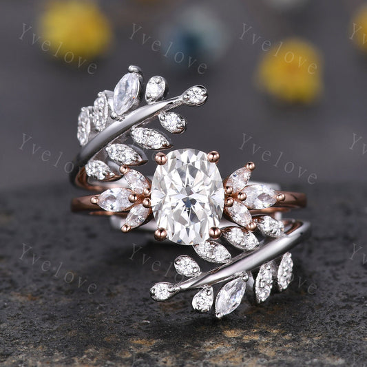 Vintage Oval Cut Moissanite Engagement Ring Enhancer Band Women Moissanite Gem Promise Bridal Stacking Matching Ring Set Personalized Gift