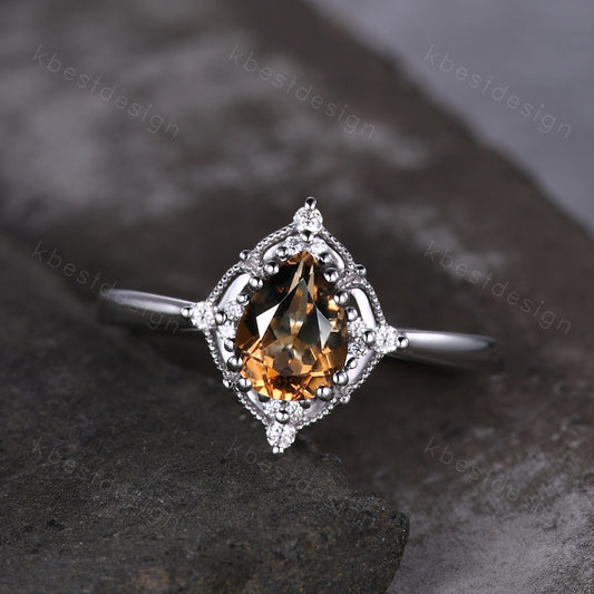 Smoky Quartz Solitaire Engagement Ring Silver Ring Pear cut Brown Quartz Ring Milgrain Art Deco Moissanite Ring Unique Bridal Promise Ring