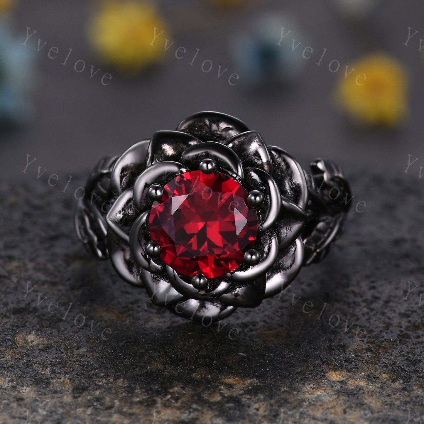 Red Ruby Rose Flower Engagement Ring 925 Black Silver Band Romantic Wedding Ring Promise Ring For Women Vintage Statement Ring Gothic Ring