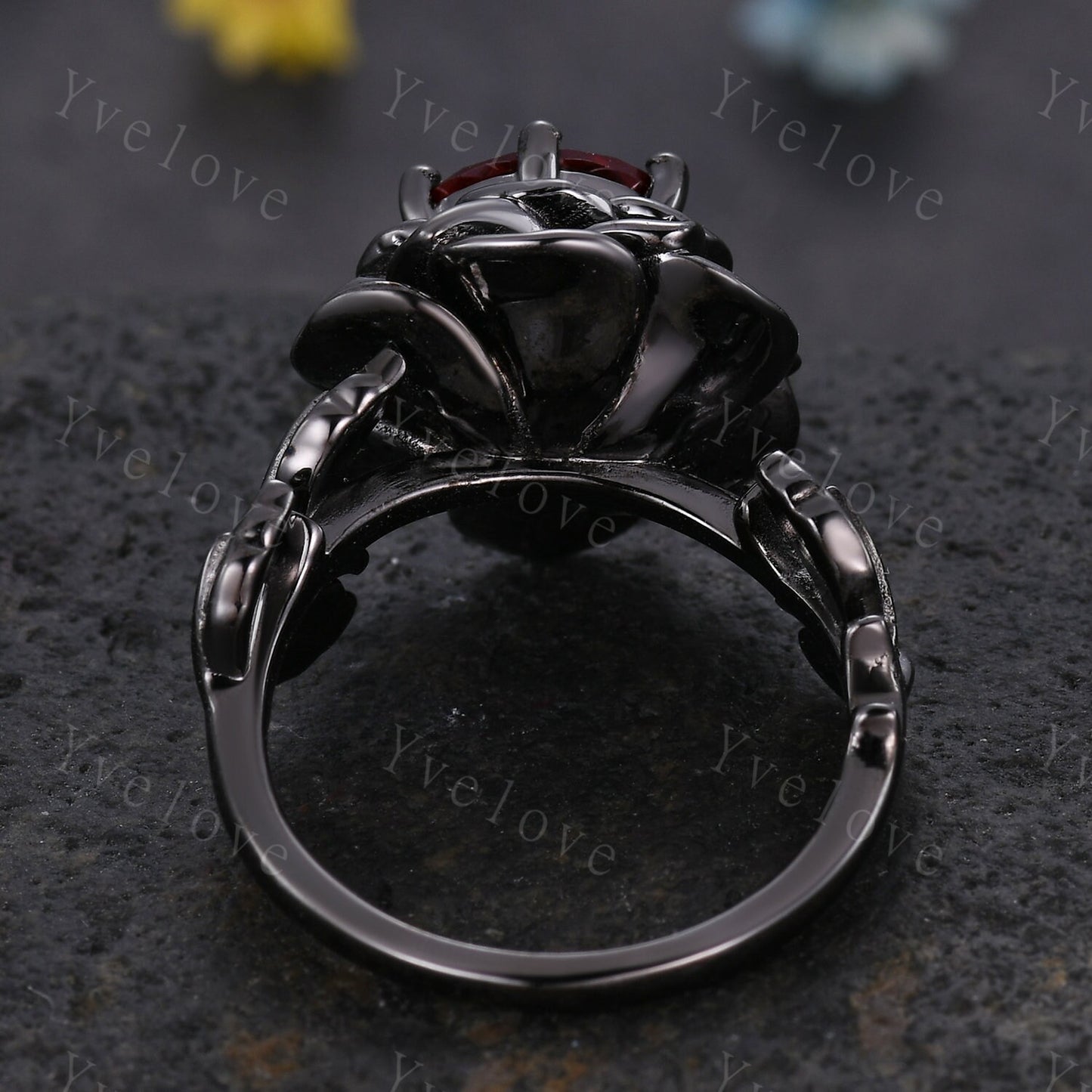 Red Ruby Rose Flower Engagement Ring 925 Black Silver Band Romantic Wedding Ring Promise Ring For Women Vintage Statement Ring Gothic Ring