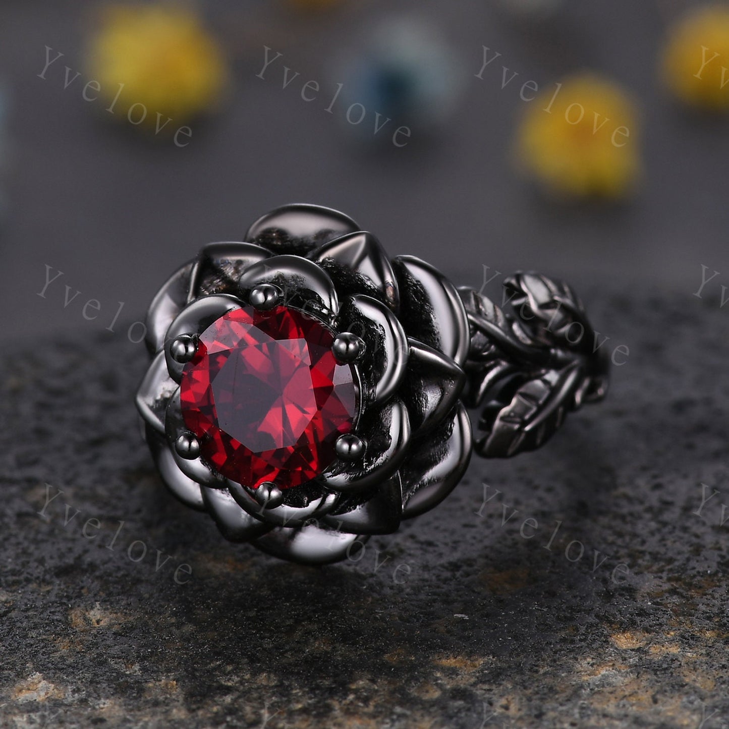 Red Ruby Rose Flower Engagement Ring 925 Black Silver Band Romantic Wedding Ring Promise Ring For Women Vintage Statement Ring Gothic Ring