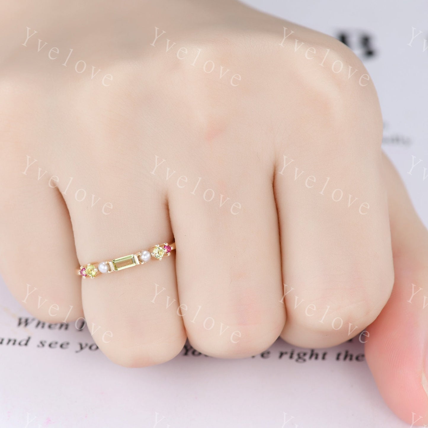 Minimalist Baguette shaped peridot band dainty pearl red garnet wedding band women stackable matching ring 925 silver personalized ring gift