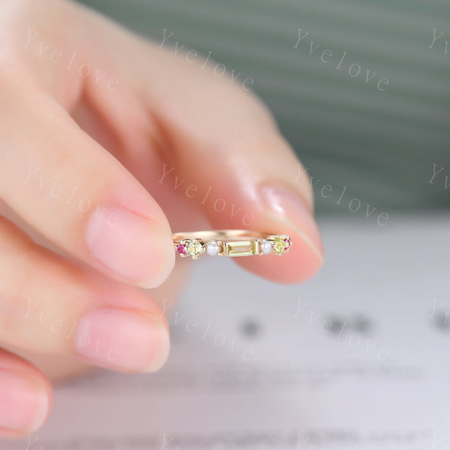 Minimalist Baguette shaped peridot band dainty pearl red garnet wedding band women stackable matching ring 925 silver personalized ring gift