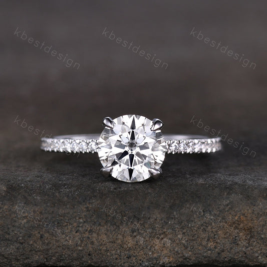 Round cut moissanite ring vintage moissanite engagement ring white gold unique hidden halo engagement ring promise wedding ring for women