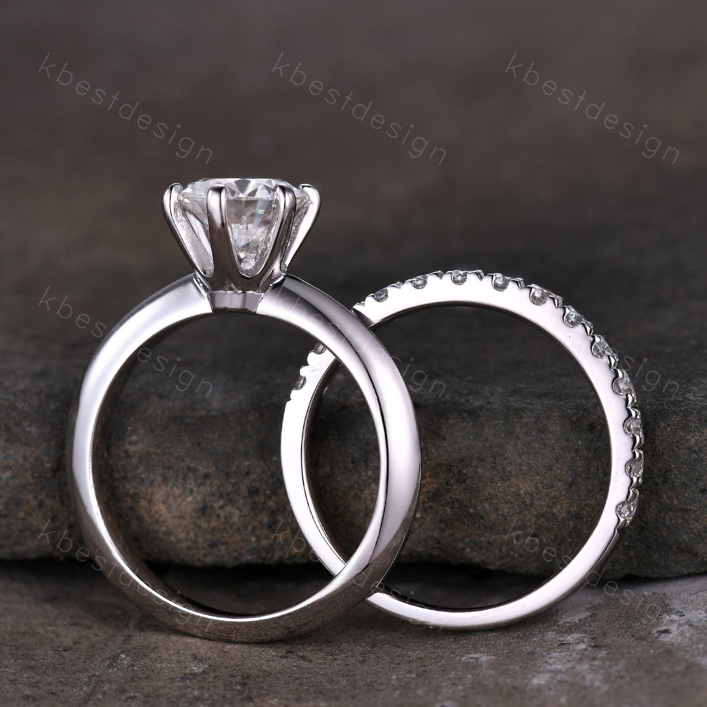 1.25CT Moissanite Engagement Ring Set 14K White Gold Round cut Moissanite Ring 2mm Half Eternity Stacking Matching Band Bridal Wedding Set
