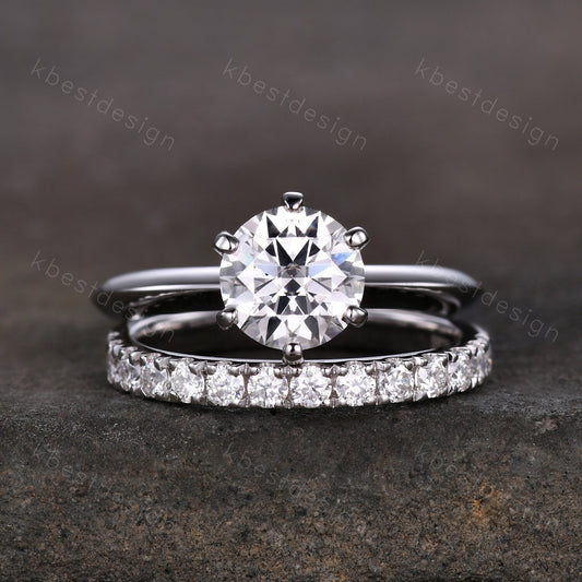 1.25CT Moissanite Engagement Ring Set 14K White Gold Round cut Moissanite Ring 2mm Half Eternity Stacking Matching Band Bridal Wedding Set