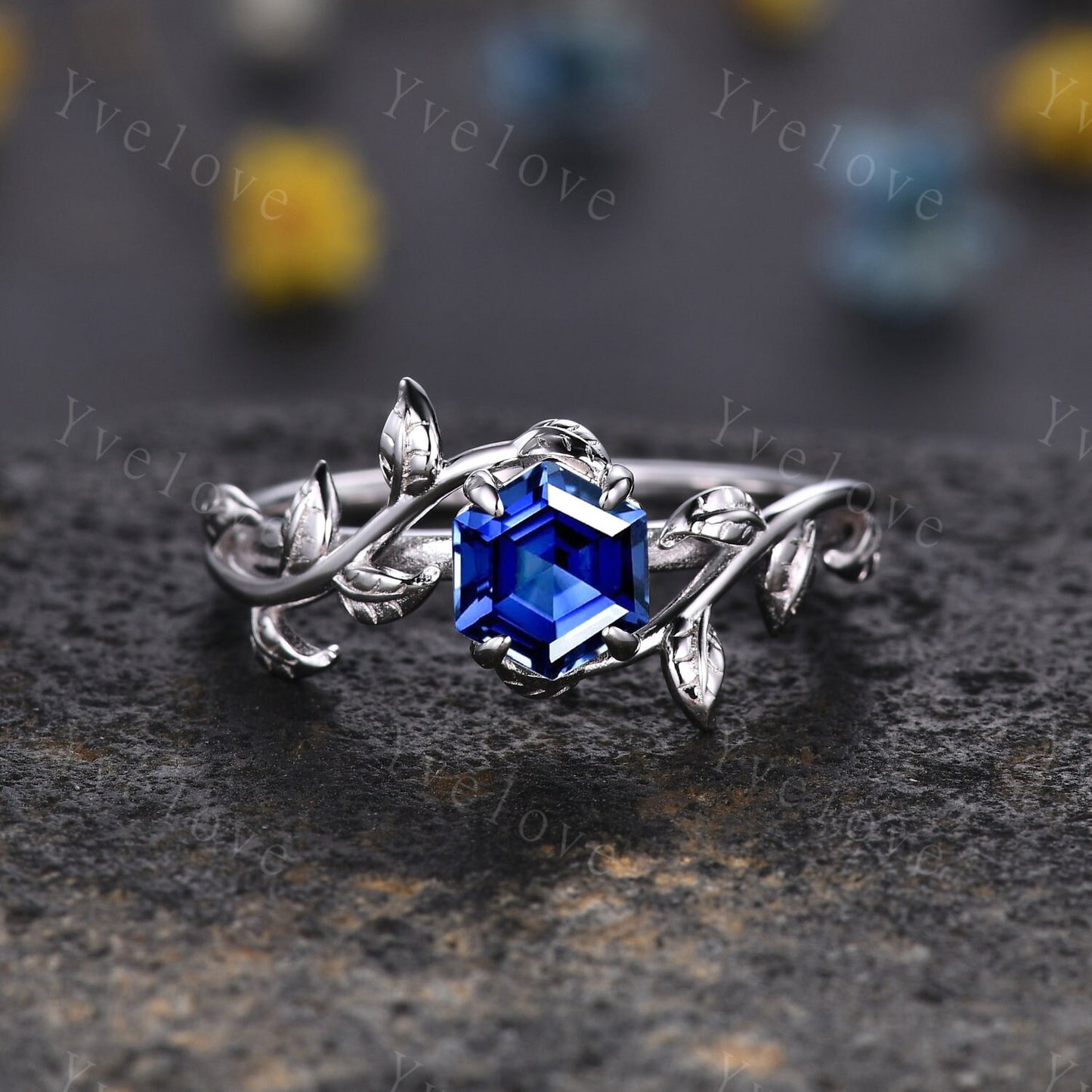 Hexagon Sapphire Ring,Vintage Vine Leaf Ring,Unique Sapphire Opal Engagement Ring,September birthstone,Promise Anniversary Bridal Ring Gift