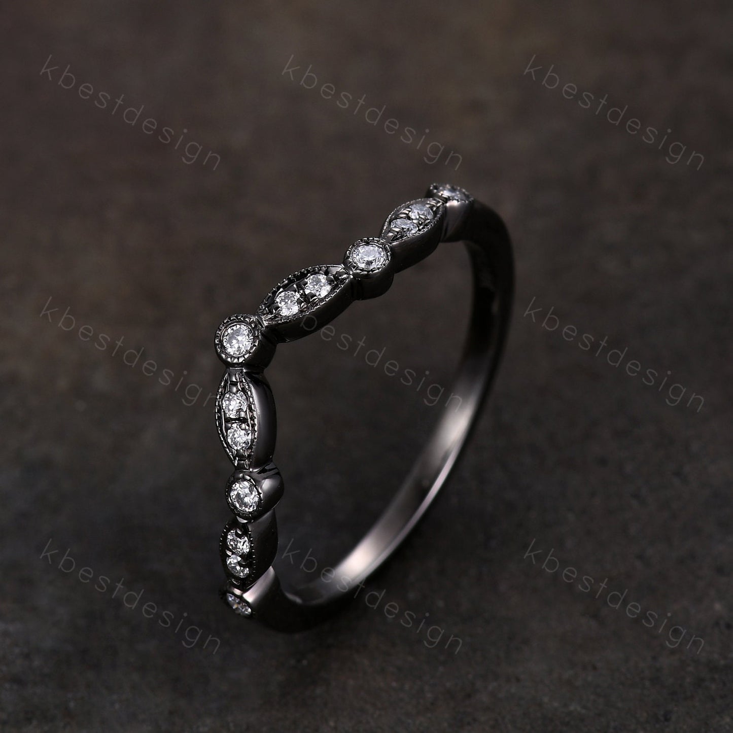 Curved Moissanite wedding band silver black gold wedding band Unique art deco stacking matching band Anniversary ring Women gift