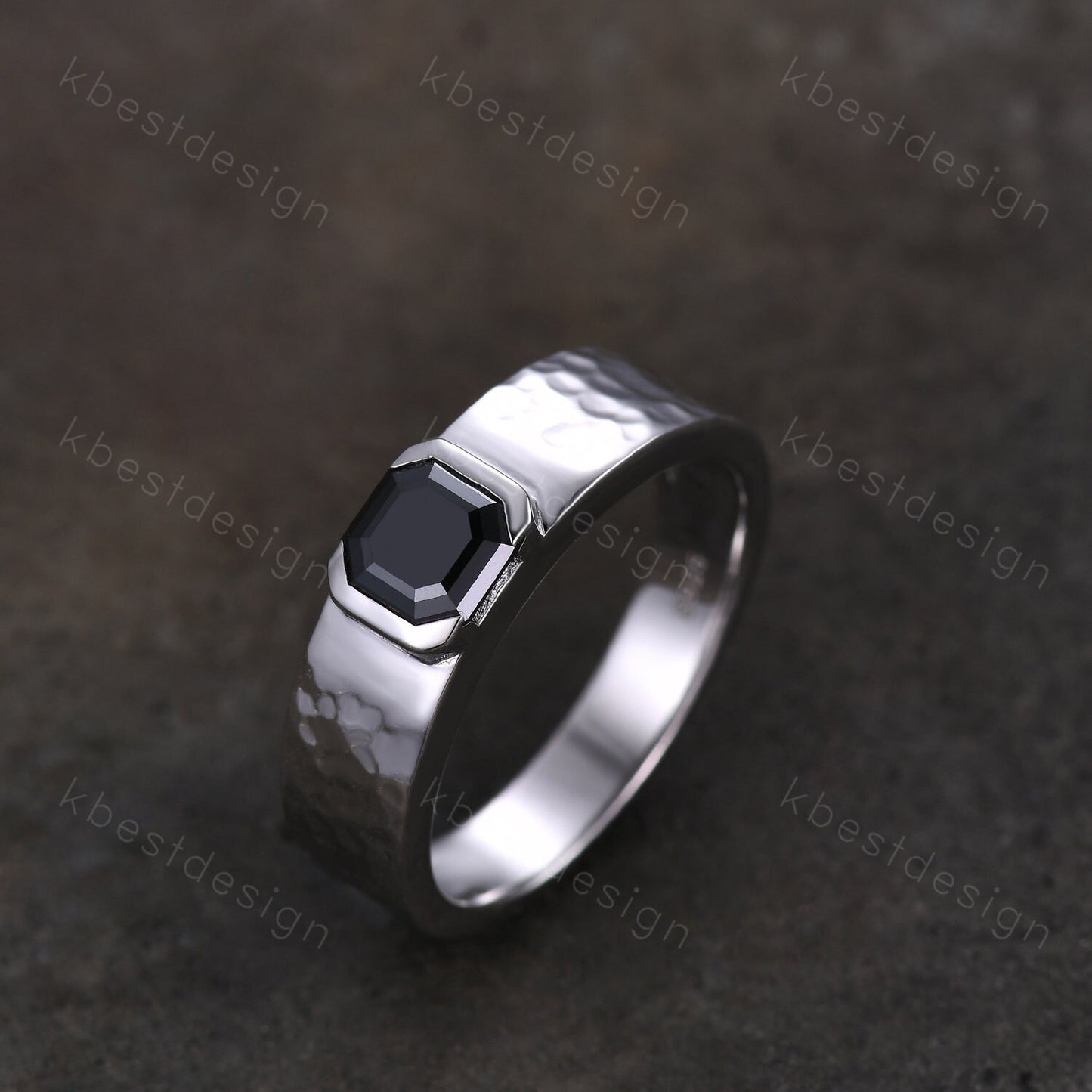 Mens Black Moissanite Wedding Band Asscher Cut Moissanite Band 5mm White Gold Ring Mens Hammered Stacking Matching Band Retro Vintage Ring