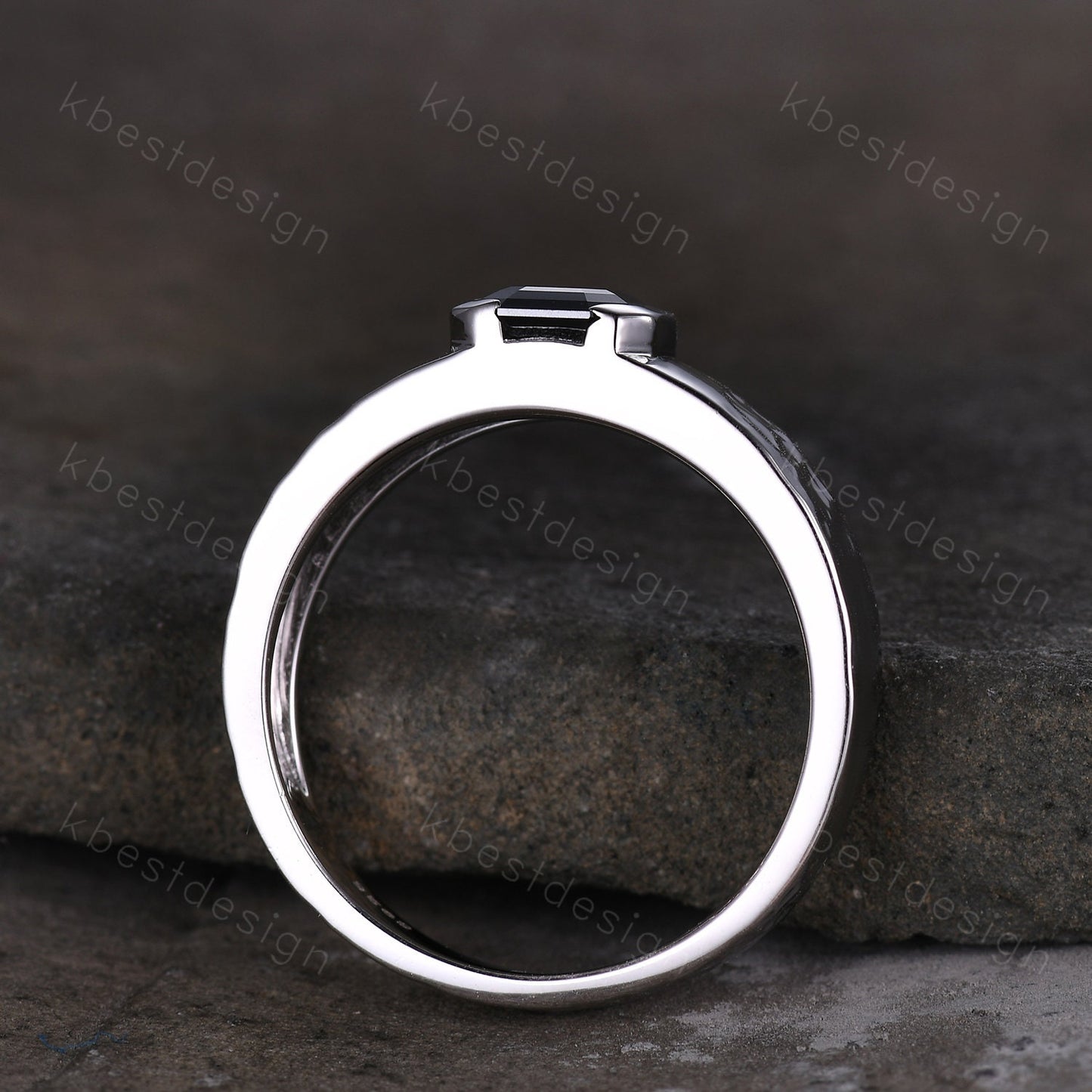 Mens Black Moissanite Wedding Band Asscher Cut Moissanite Band 5mm White Gold Ring Mens Hammered Stacking Matching Band Retro Vintage Ring