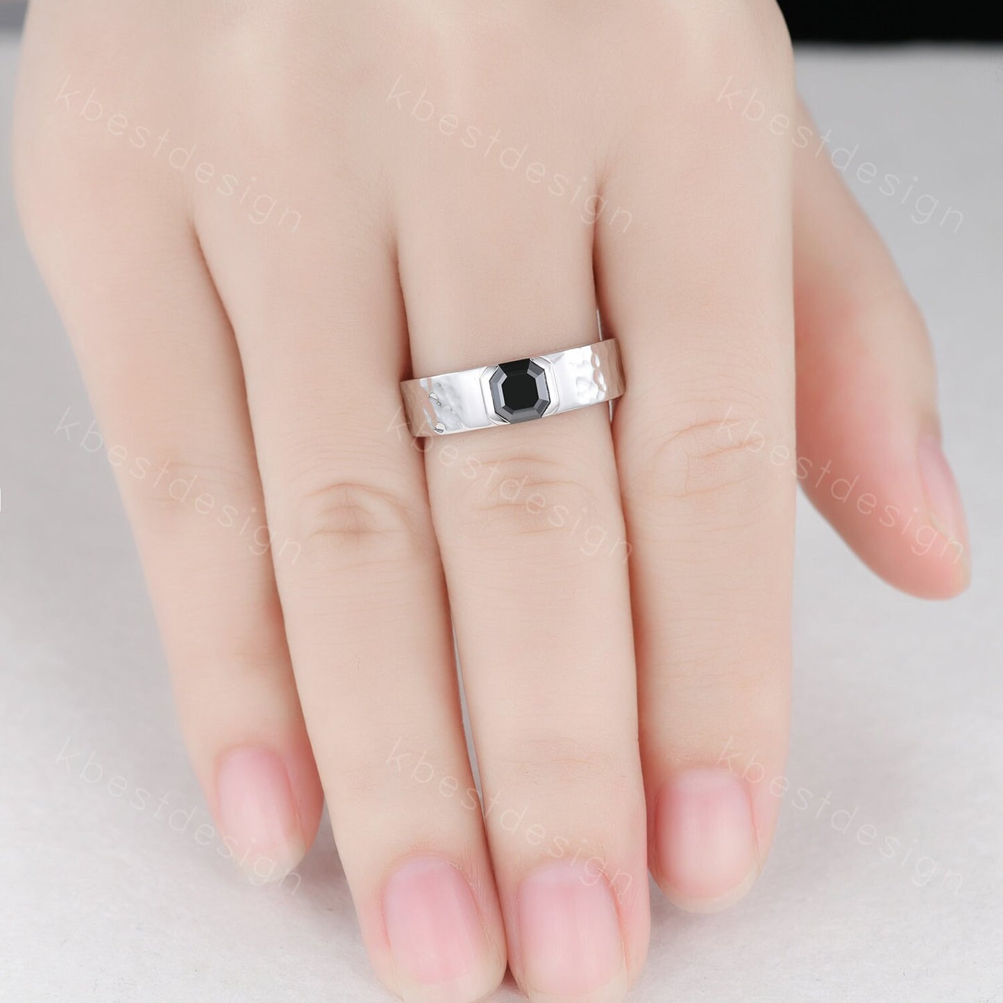 Mens Black Moissanite Wedding Band Asscher Cut Moissanite Band 5mm White Gold Ring Mens Hammered Stacking Matching Band Retro Vintage Ring