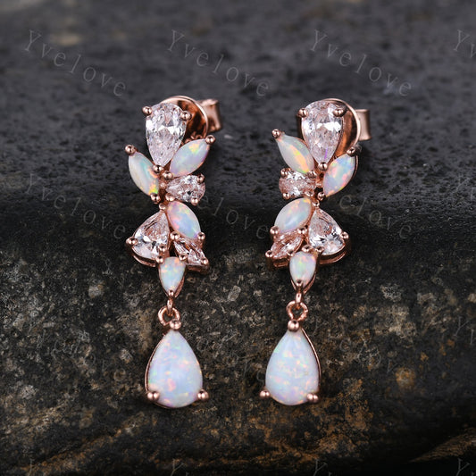 Unique Opal Moissanite Earrings,Art Deco White Opal Delicate Dainty Earrings Bridal earrings drop Wedding earrings Wedding jewelry Gift