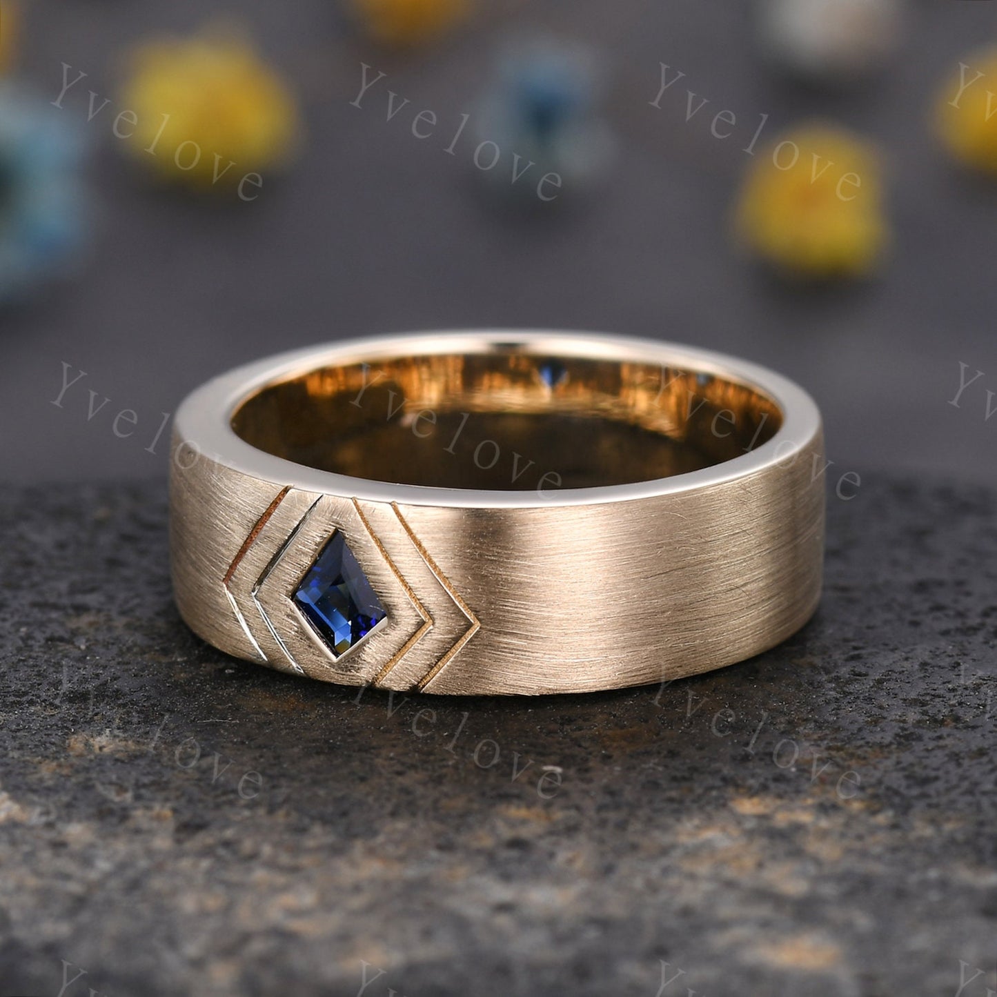 7mm Mens Kite Cut Blue Sapphire Wedding Band Sapphire Engagement Ring Brushed Finished Band Mens Stacking Band His Wedding band Platinum