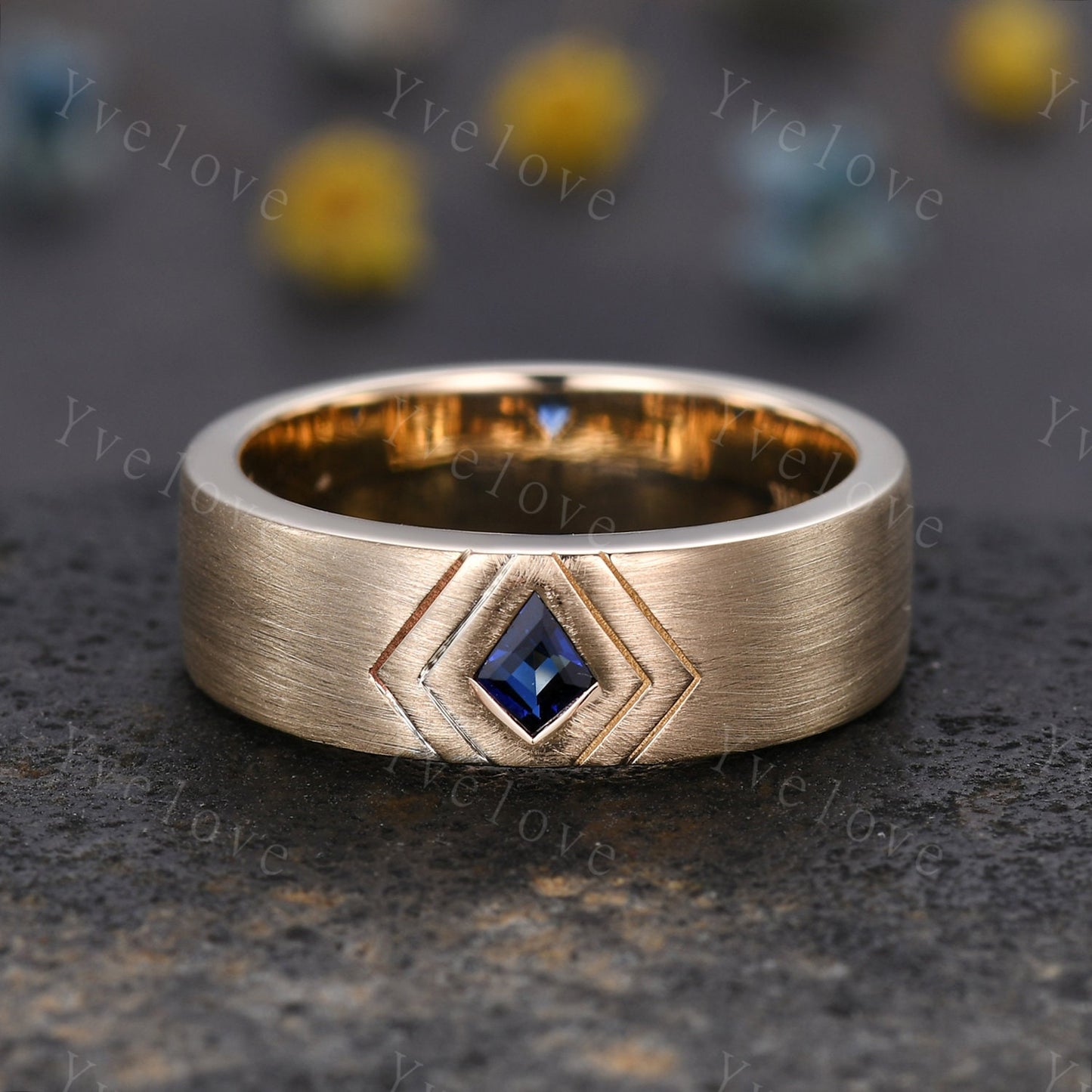 7mm Mens Kite Cut Blue Sapphire Wedding Band Sapphire Engagement Ring Brushed Finished Band Mens Stacking Band His Wedding band Platinum