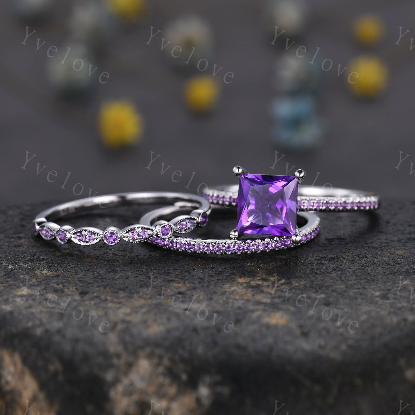 3 set Princess cut amethyst engagement ring set Amethyst ring set amethyst matching band silver promise ring set bridal set for women gift