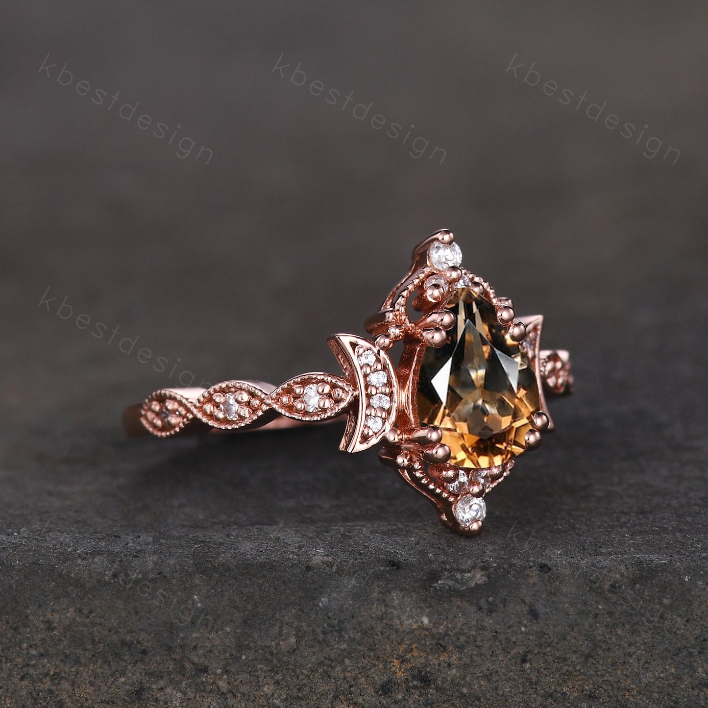 Vintage Smoky Quartz Engagement Ring Rose Gold Pear cut Brown Quartz Ring Unique Moon Goddess Ring Art Deco Moissanite Bridal Promise Ring