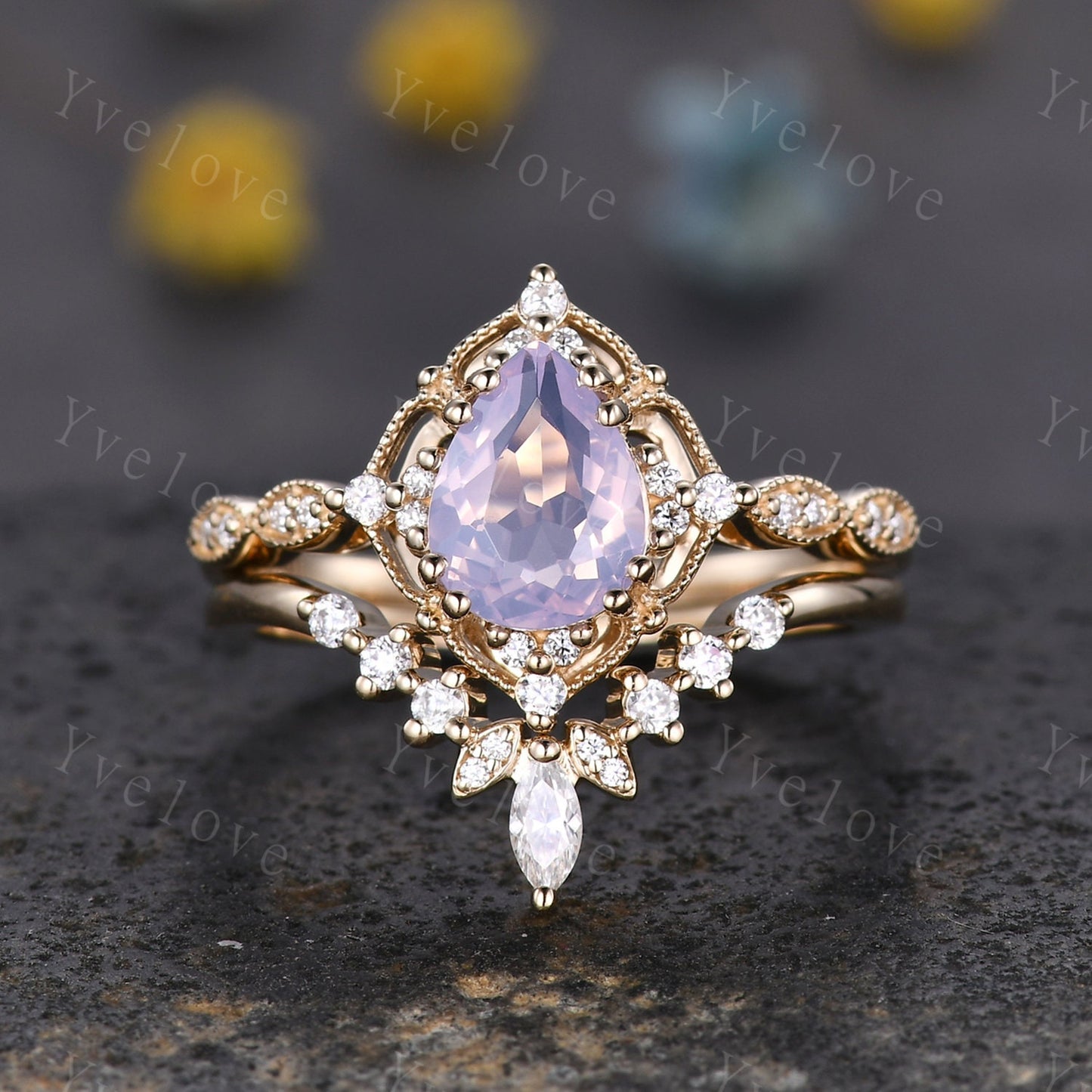 Vintage Lavender Amethyst Engagement Ring Set,6x8mm Pear Amethyst Bridal Set,V Curved Moissanite Stacking Band,Women Rings Gift,Platinum
