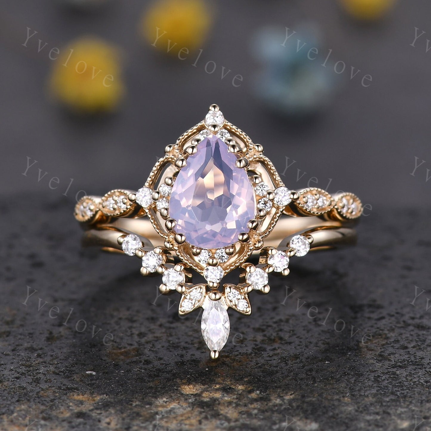 Vintage Lavender Amethyst Engagement Ring Set,6x8mm Pear Amethyst Bridal Set,V Curved Moissanite Stacking Band,Solid Gold,Women Rings Gift