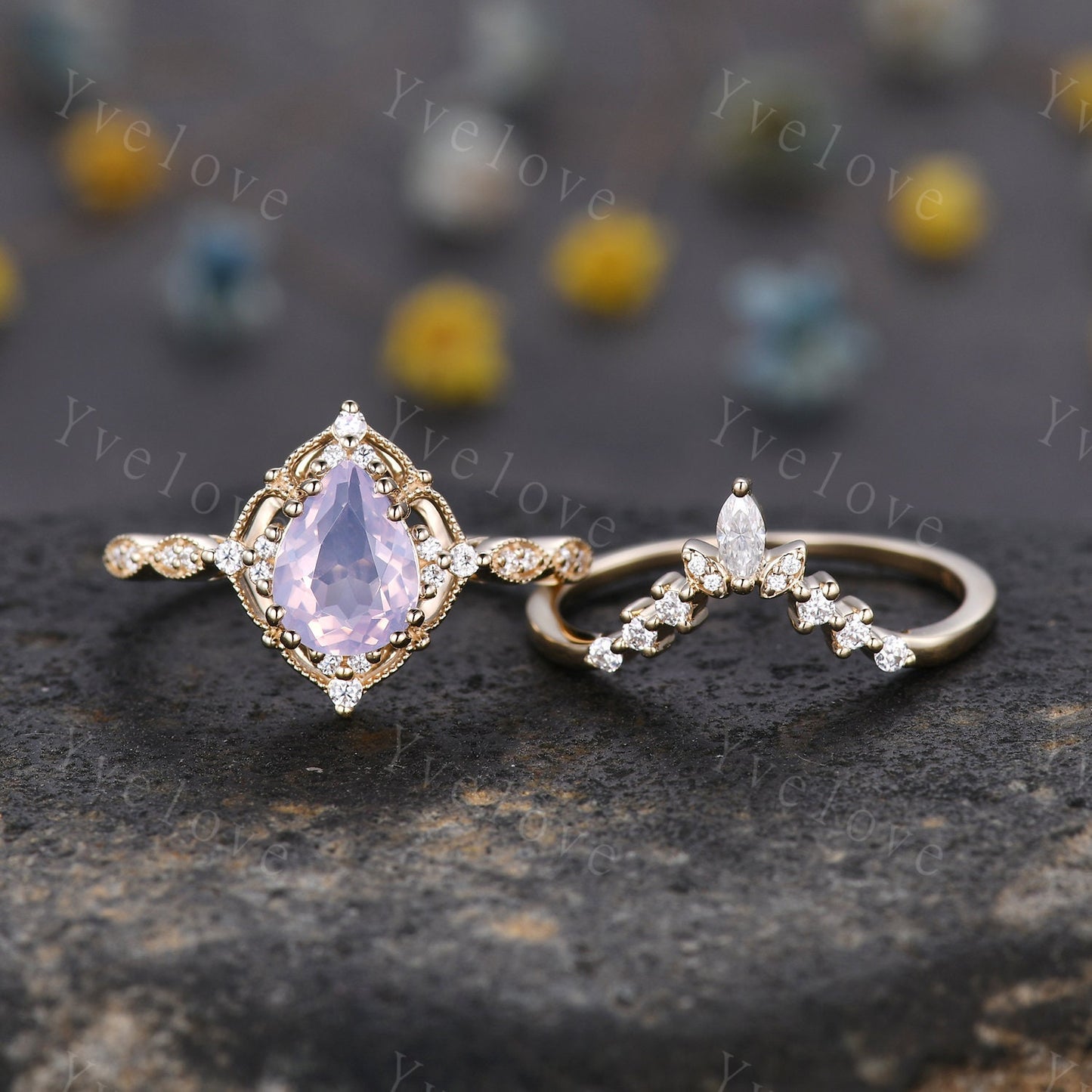 Vintage Lavender Amethyst Engagement Ring Set,6x8mm Pear Amethyst Bridal Set,V Curved Moissanite Stacking Band,Solid Gold,Women Rings Gift