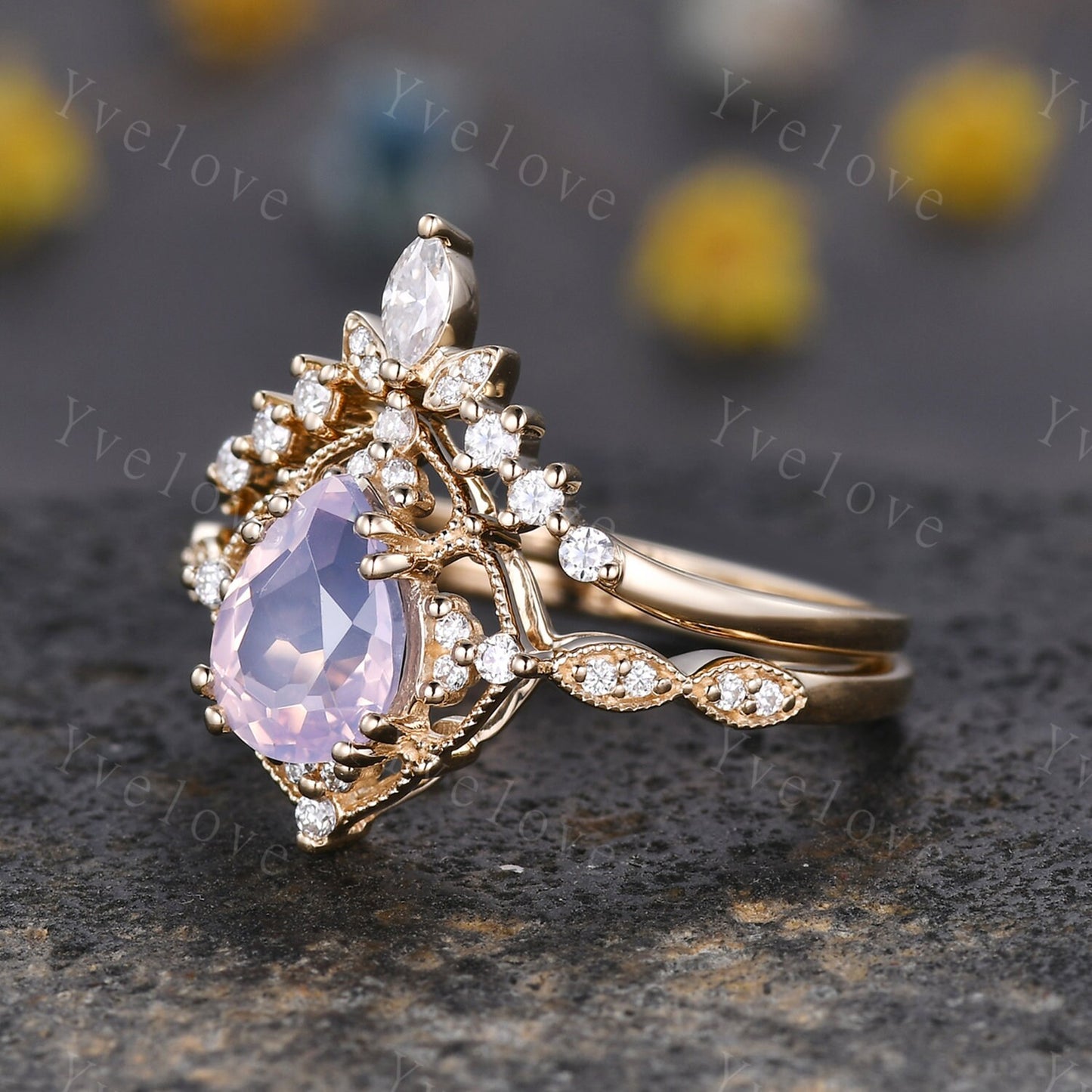 Vintage Lavender Amethyst Engagement Ring Set,6x8mm Pear Amethyst Bridal Set,V Curved Moissanite Stacking Band,Solid Gold,Women Rings Gift