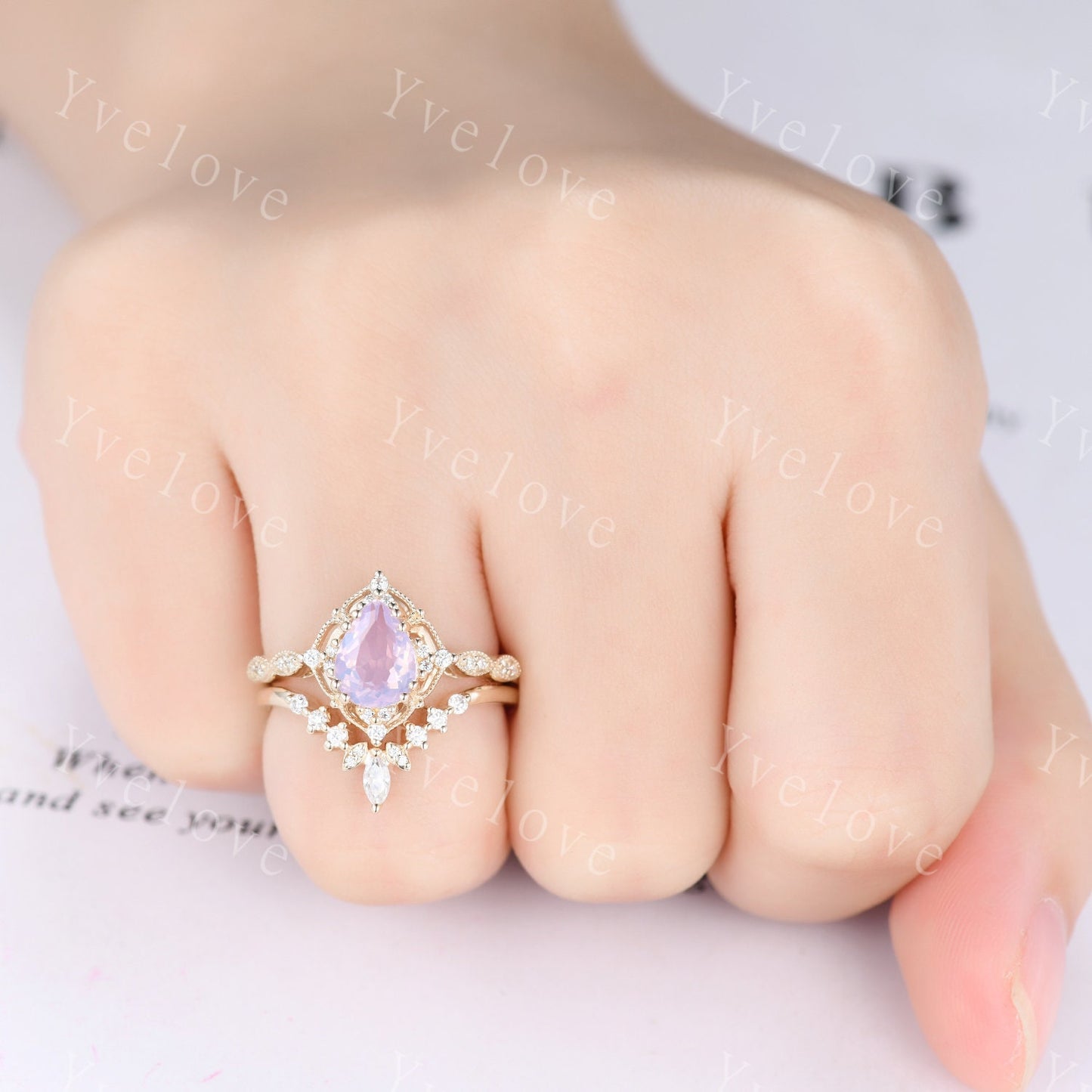 Vintage Lavender Amethyst Engagement Ring Set,6x8mm Pear Amethyst Bridal Set,V Curved Moissanite Stacking Band,Solid Gold,Women Rings Gift