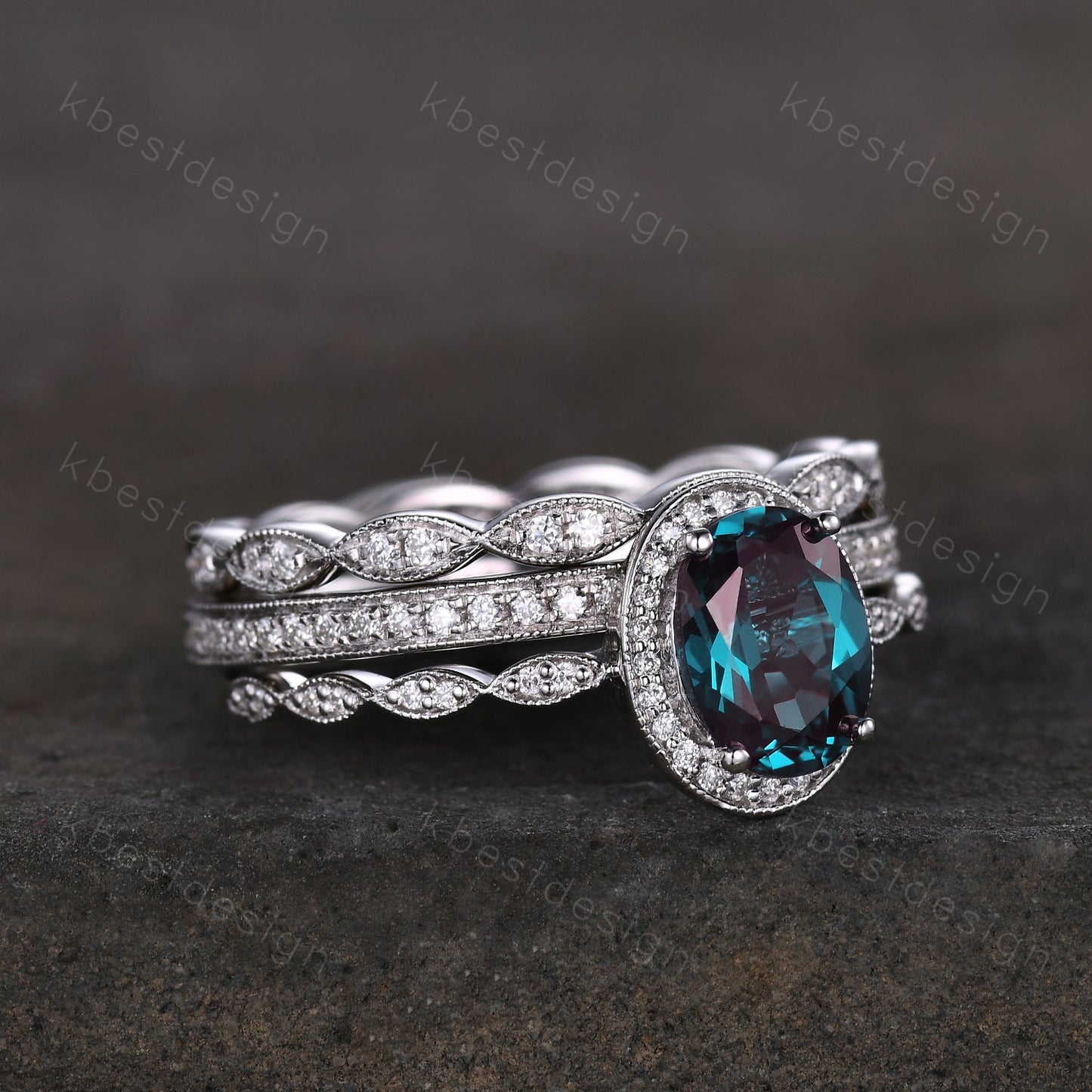 3pcs Alexandrite bridal set oval cut Alexandrite engagement ring set sterling silver vintage moissanite ring unique art deco stacking bands