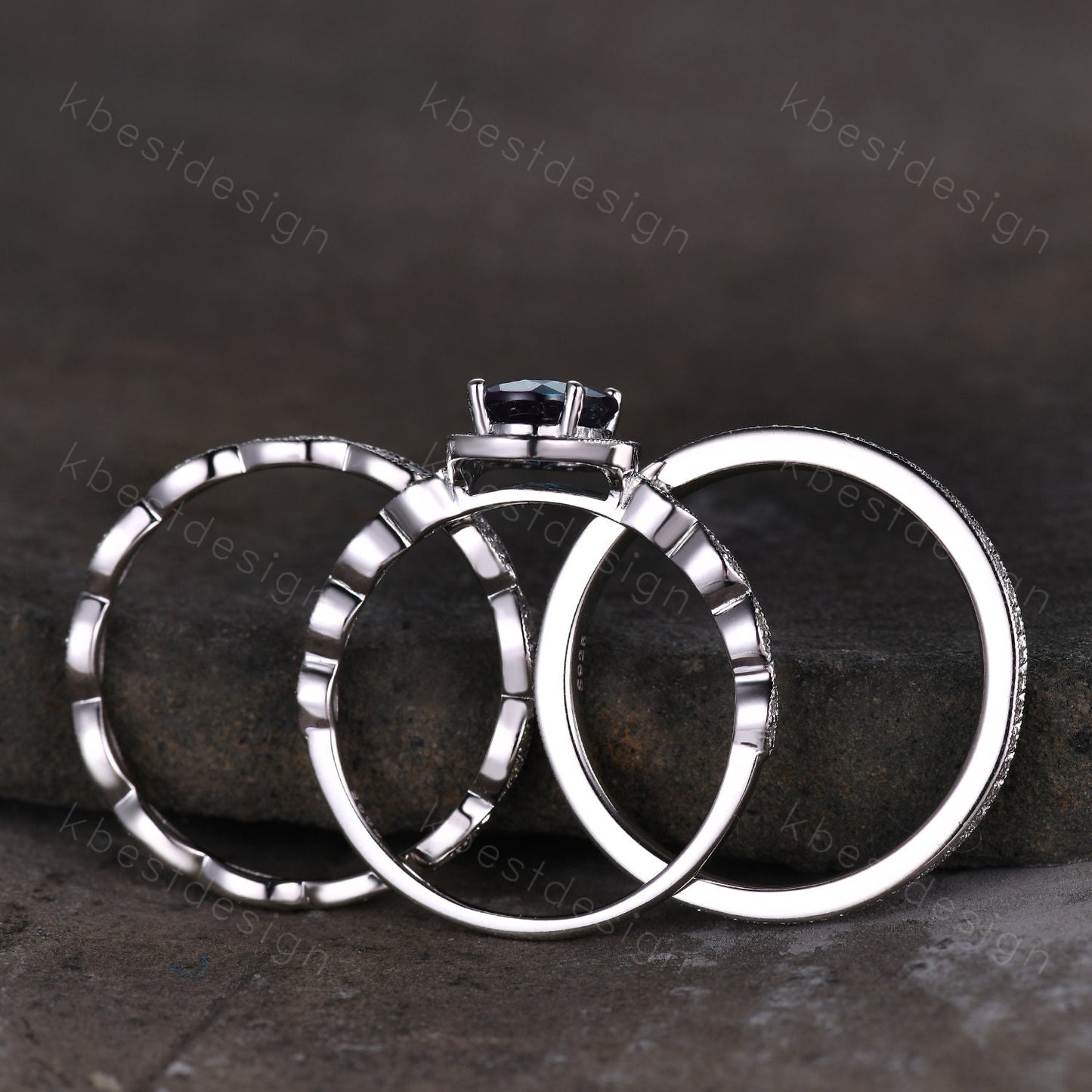 3pcs Alexandrite bridal set oval cut Alexandrite engagement ring set sterling silver vintage moissanite ring unique art deco stacking bands