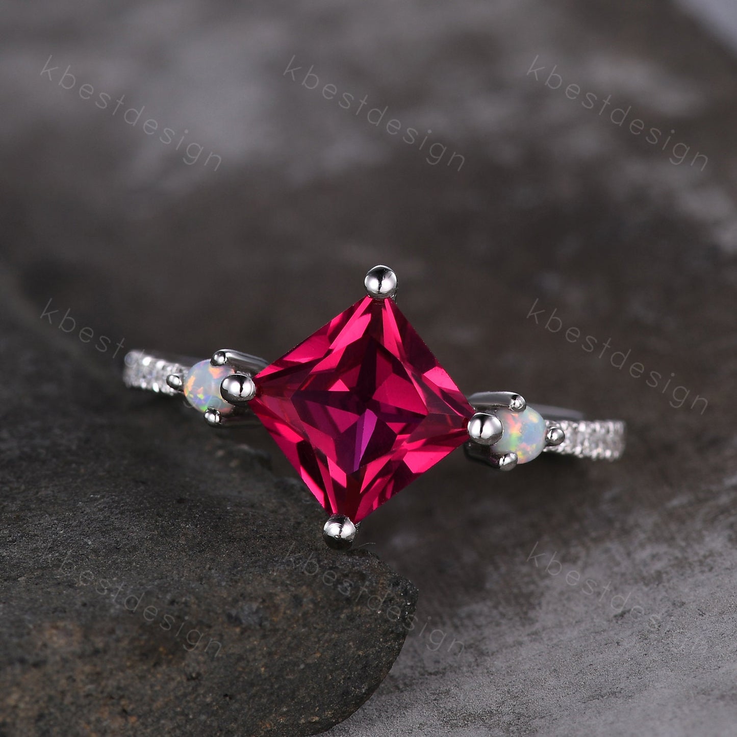 Vintage Unique princess cut Ruby engagement ring set sterling silver ring set curved opal moissanite stacking bands art deco wedding rings
