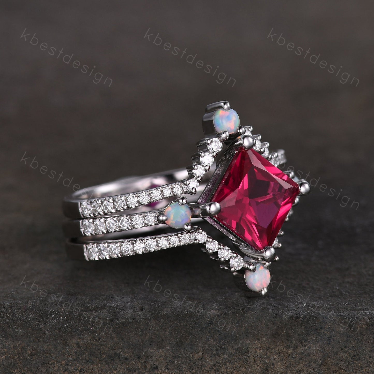 Vintage Unique princess cut Ruby engagement ring set sterling silver ring set curved opal moissanite stacking bands art deco wedding rings