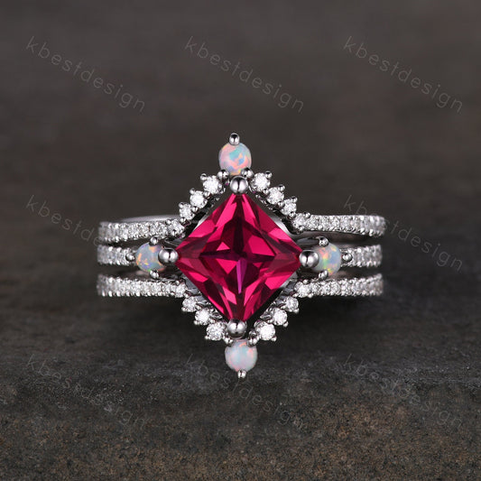 Vintage Unique princess cut Ruby engagement ring set sterling silver ring set curved opal moissanite stacking bands art deco wedding rings