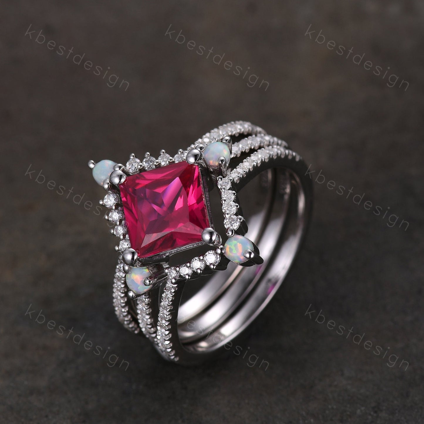 Vintage Unique princess cut Ruby engagement ring set sterling silver ring set curved opal moissanite stacking bands art deco wedding rings