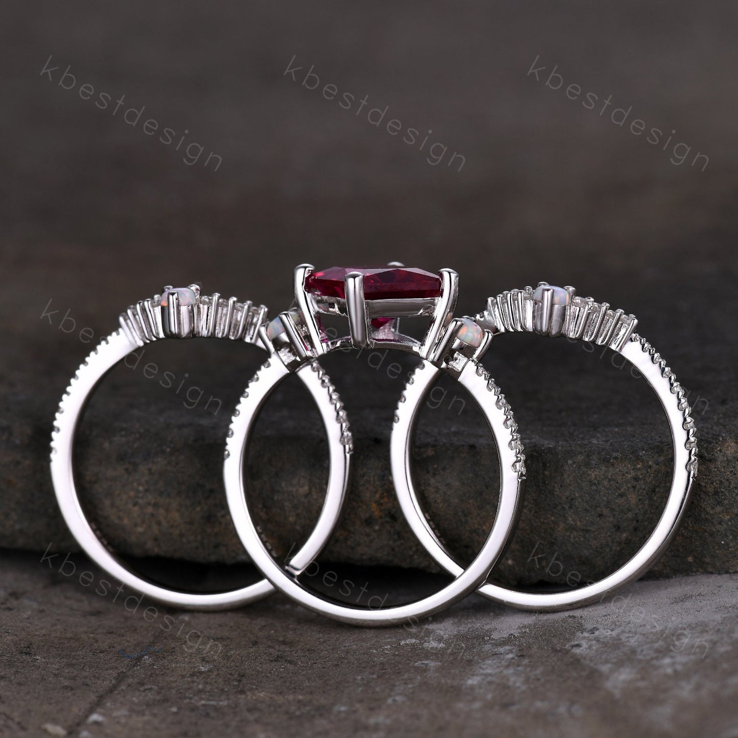 Vintage Unique princess cut Ruby engagement ring set sterling silver ring set curved opal moissanite stacking bands art deco wedding rings