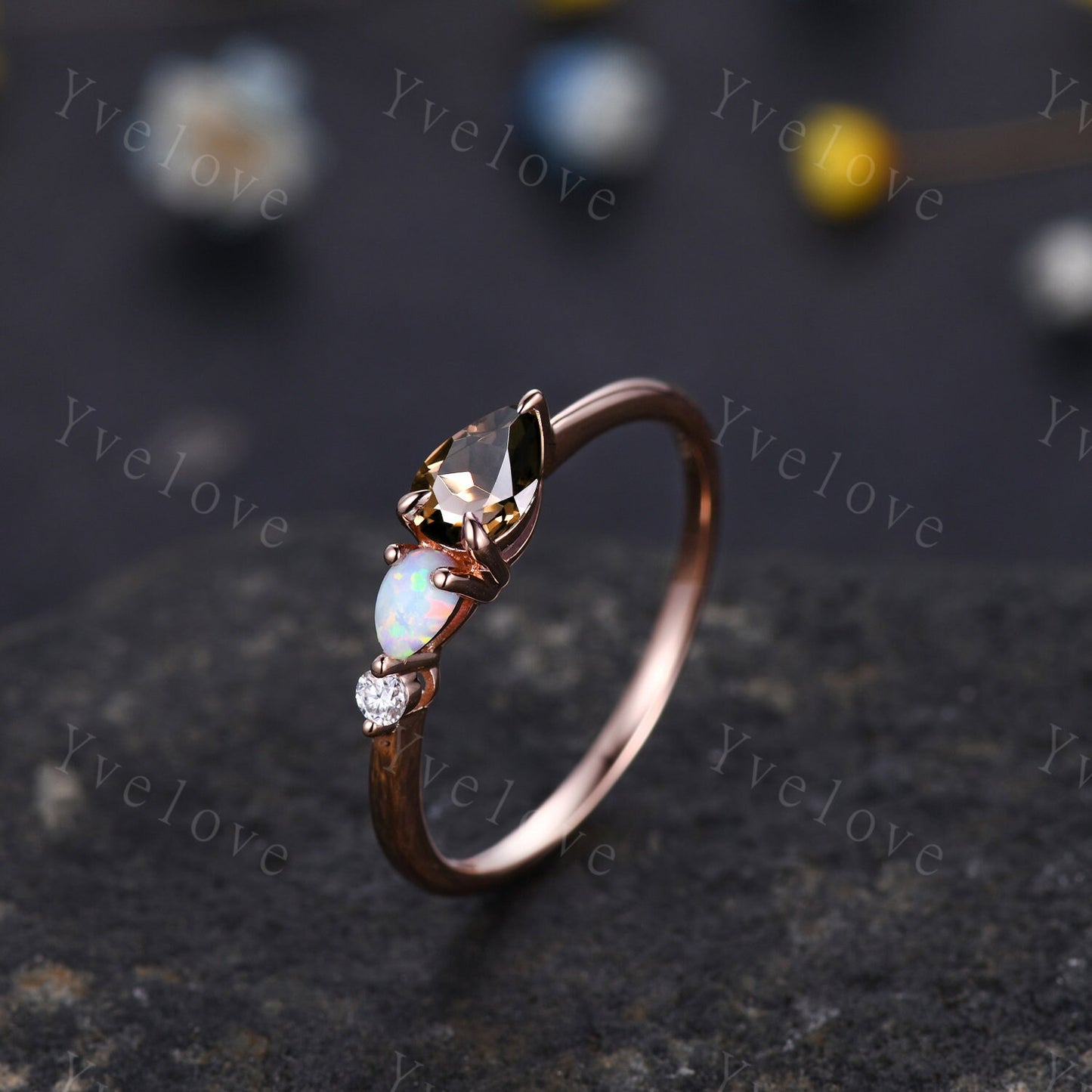 Unique Smoky Quartz Opal Engagement Ring,Pear Cut Gems,Art Deco Moissanite Wedding Band,3 Stone Unique Women Bridal Promise Ring,Customized