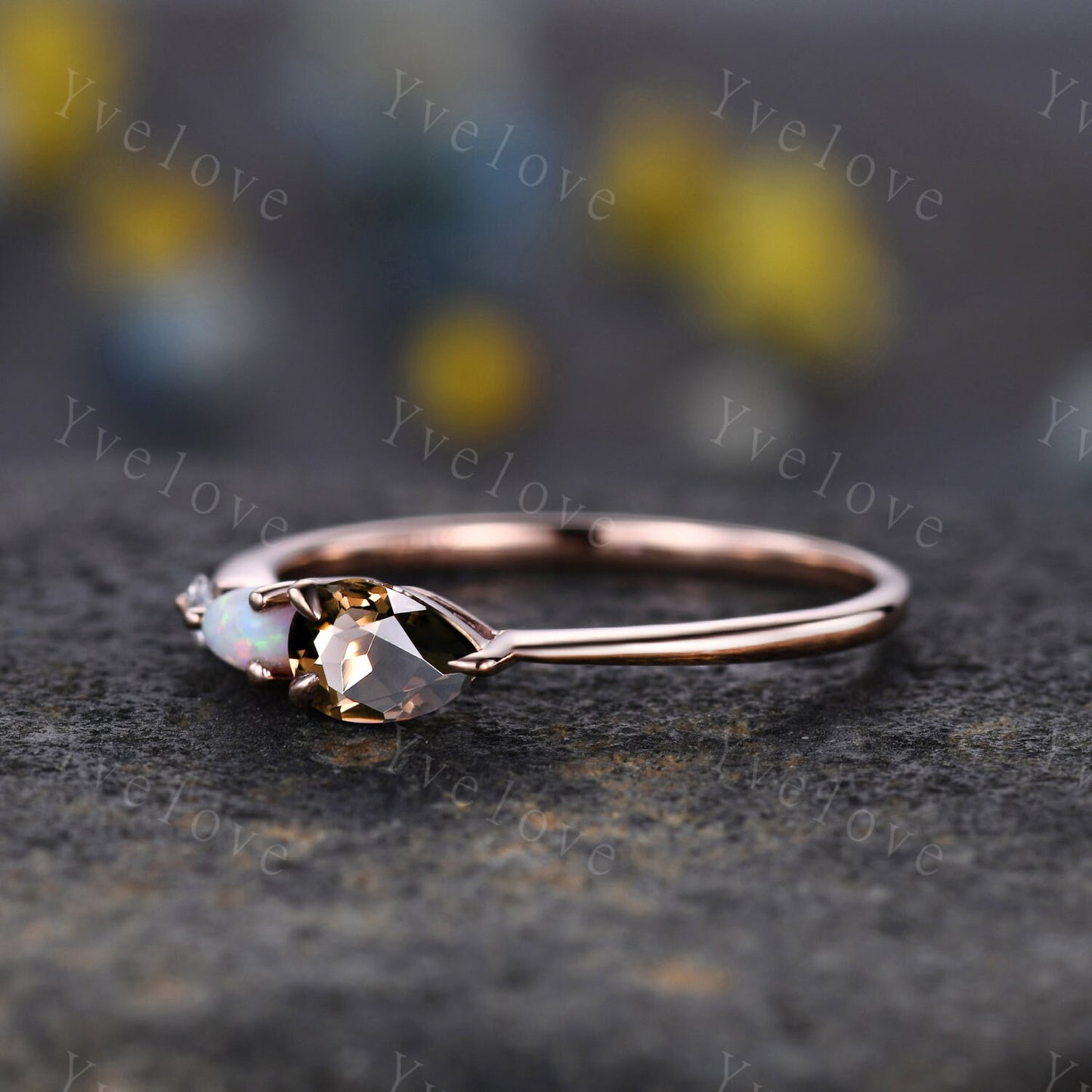 Unique Smoky Quartz Opal Engagement Ring,Pear Cut Gems,Art Deco Moissanite Wedding Band,3 Stone Unique Women Bridal Promise Ring,Customized