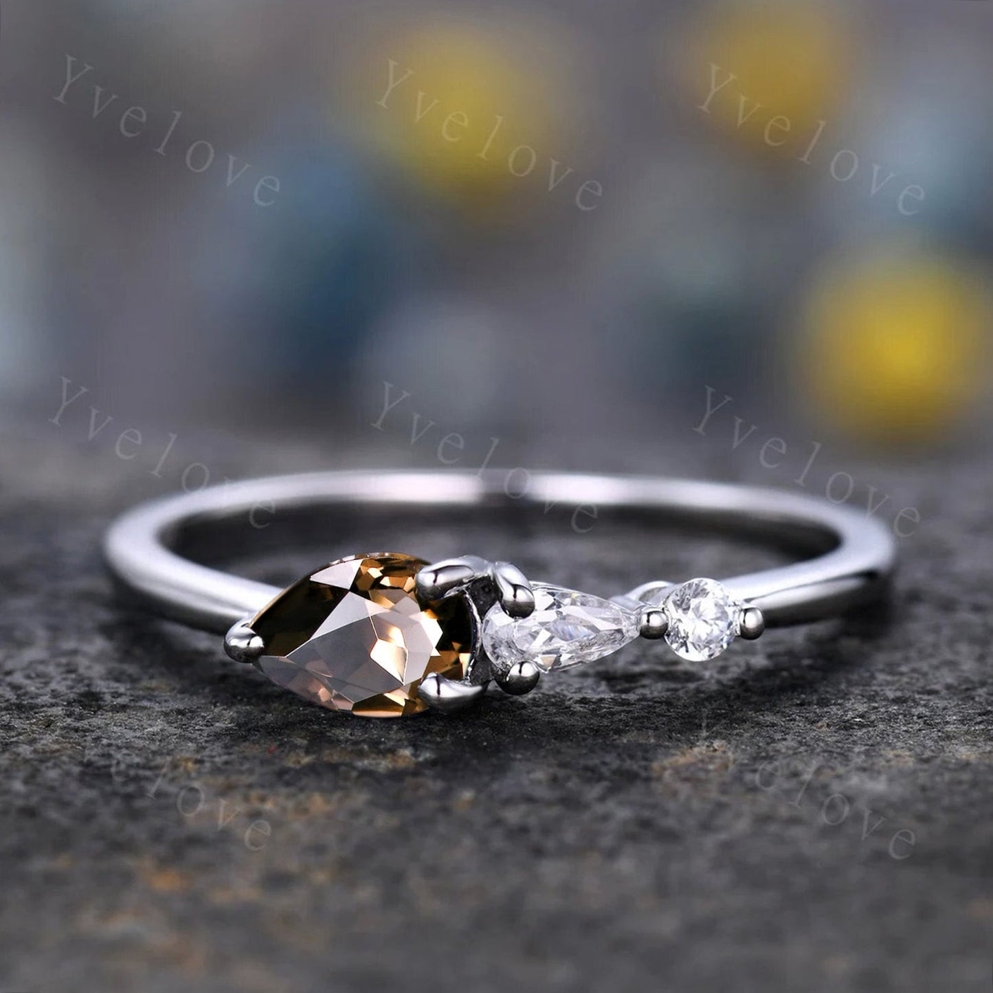 Vintage Smoky Quartz Ring Engagement Ring,Pear Cut Gems,Art Deco Moissanite Wedding Band,3 Stone Unique Women Bridal Promise Ring,Rose gold