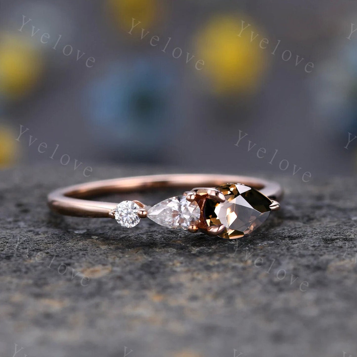 Vintage Smoky Quartz Ring Engagement Ring,Pear Cut Gems,Art Deco Moissanite Wedding Band,3 Stone Unique Women Bridal Promise Ring,Rose gold