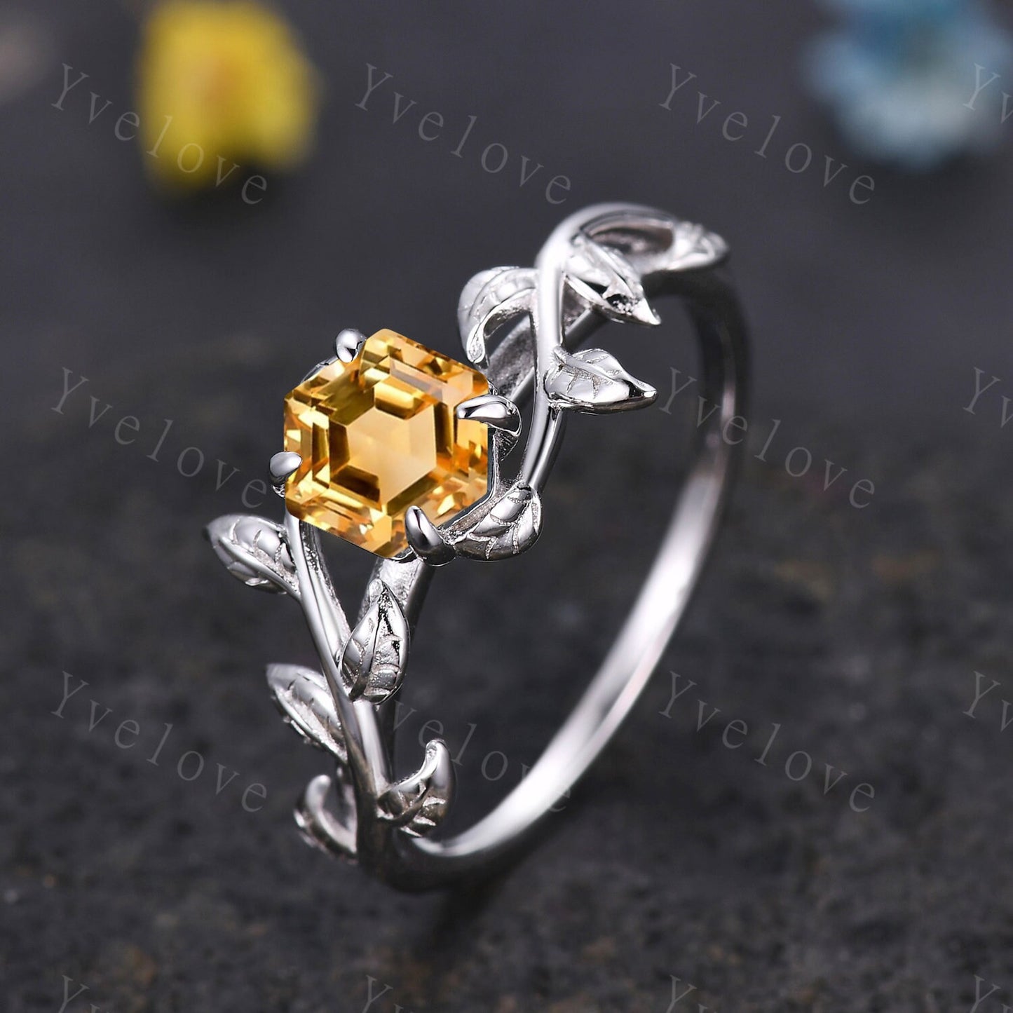 Hexagon Yellow Citrine Ring,Vintage Twig Vine Leaf Ring,Unique Citrine Engagement Ring Set,Bridal Ring Set,Promise Anniversary Ring Gift