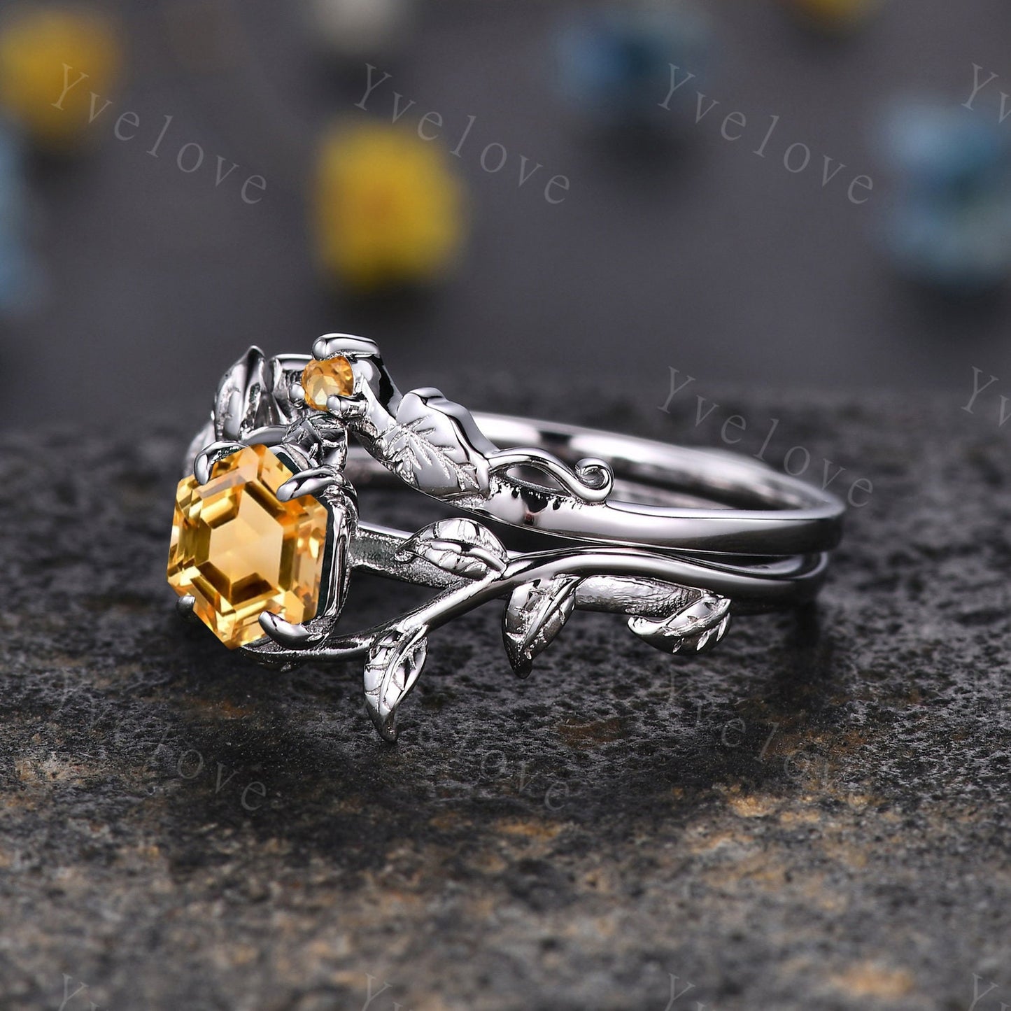 Hexagon Yellow Citrine Ring,Vintage Twig Vine Leaf Ring,Unique Citrine Engagement Ring,Bridal Set,Promise Anniversary Ring,Personalized Gift